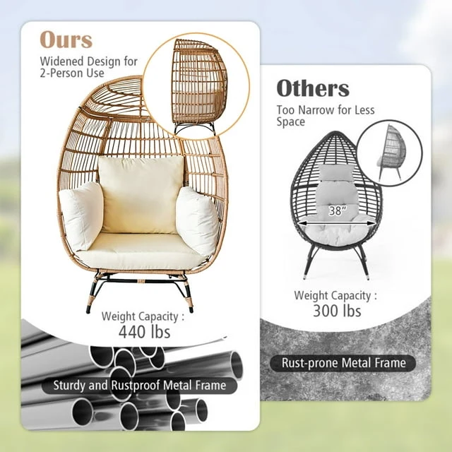 SUGIFT Wicker Egg Chair Oversized Indoor Outdoor Patio Lounger with Steel Frame, 440lb Capacity, Beige