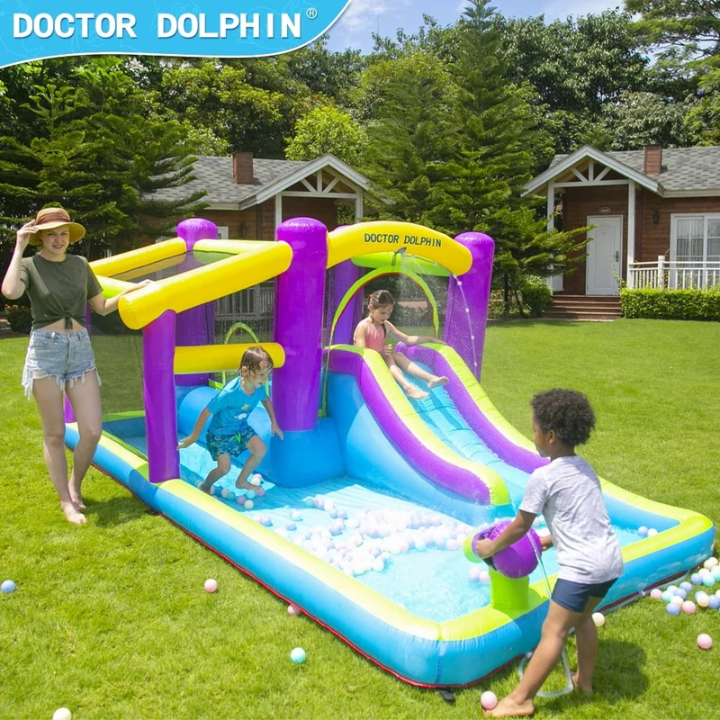 Inflatable Bounce House 5 in 1 Water Slide Jumping Park With Splashing Pool Water Cannon Including Carry Bag Stakes Repair Kit Hose (with 450W Air Blower)