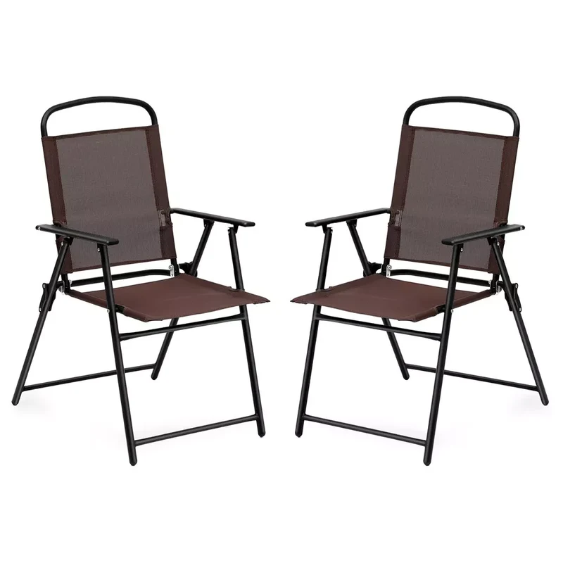 SUGIFT 2pcs Patio Folding Sling Back Chair with Armrests, Portable Metal Outdoor Chairs for Indoor Outdoor Garden Poolside Yard, Brown