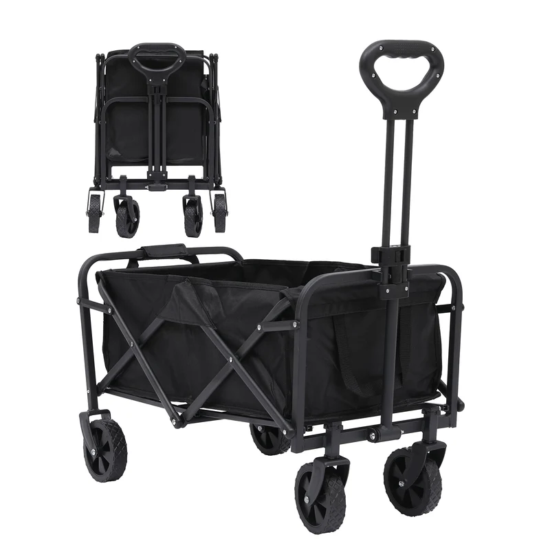 Folding Wagon Cart, Portable Large Capacity Wagon, Heavy Duty Outdoor Camping, Black