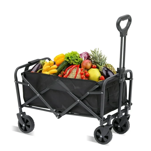 Folding Wagon Cart, Portable Large Capacity Wagon, Heavy Duty Outdoor Camping, Black