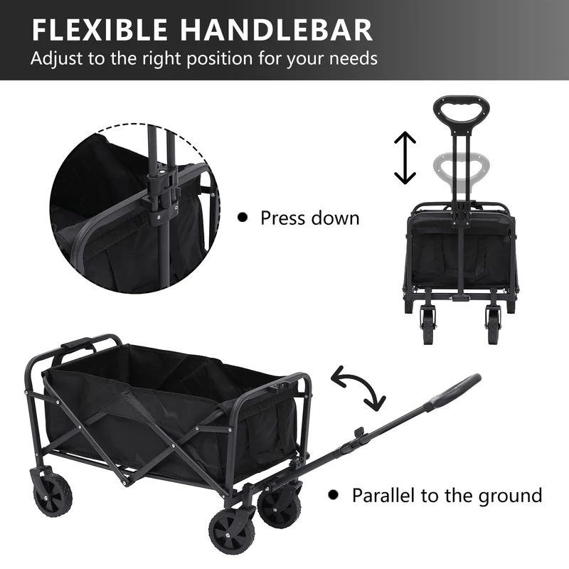 Folding Wagon Cart, Portable Large Capacity Wagon, Heavy Duty Outdoor Camping, Black