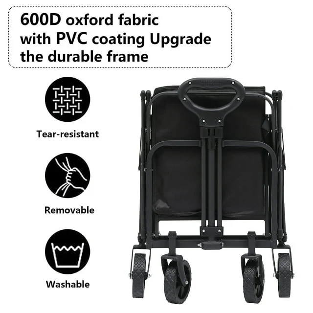 Folding Wagon Cart, Portable Large Capacity Wagon, Heavy Duty Outdoor Camping, Black