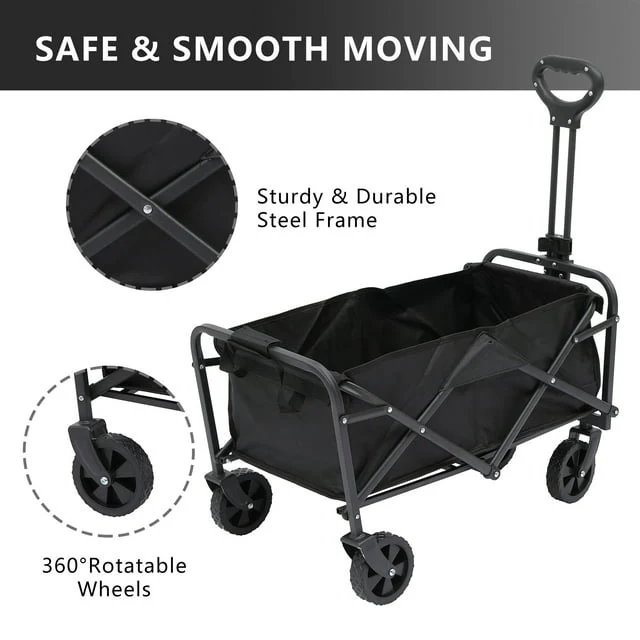Folding Wagon Cart, Portable Large Capacity Wagon, Heavy Duty Outdoor Camping, Black