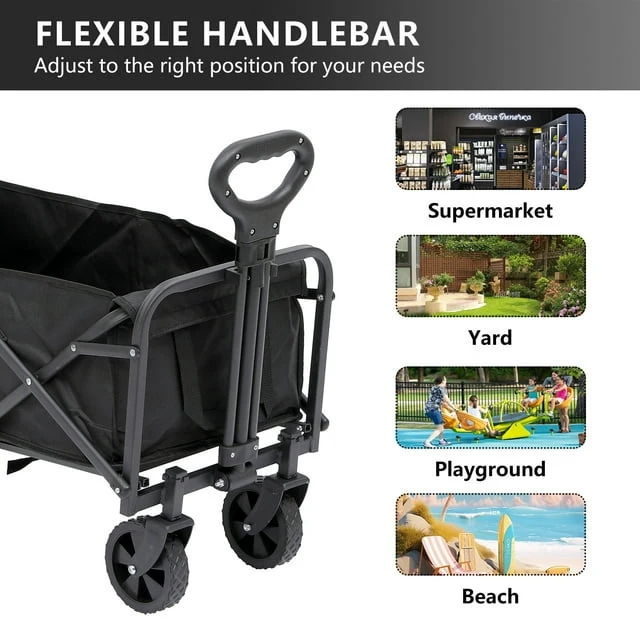 Folding Wagon Cart, Portable Large Capacity Wagon, Heavy Duty Outdoor Camping, Black