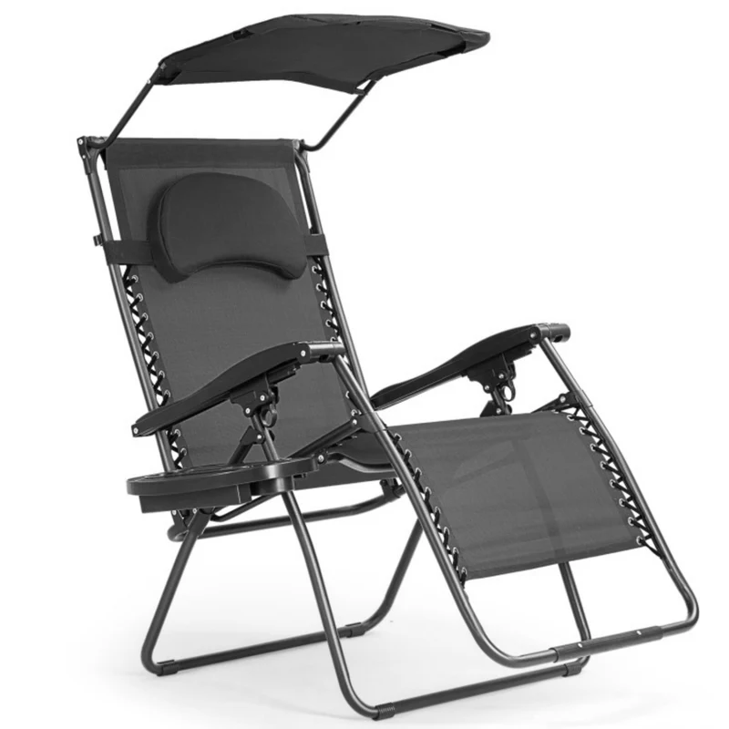 SUGIFT Folding Recliner Lounge Chair with Shade Canopy Cup Holder, Black