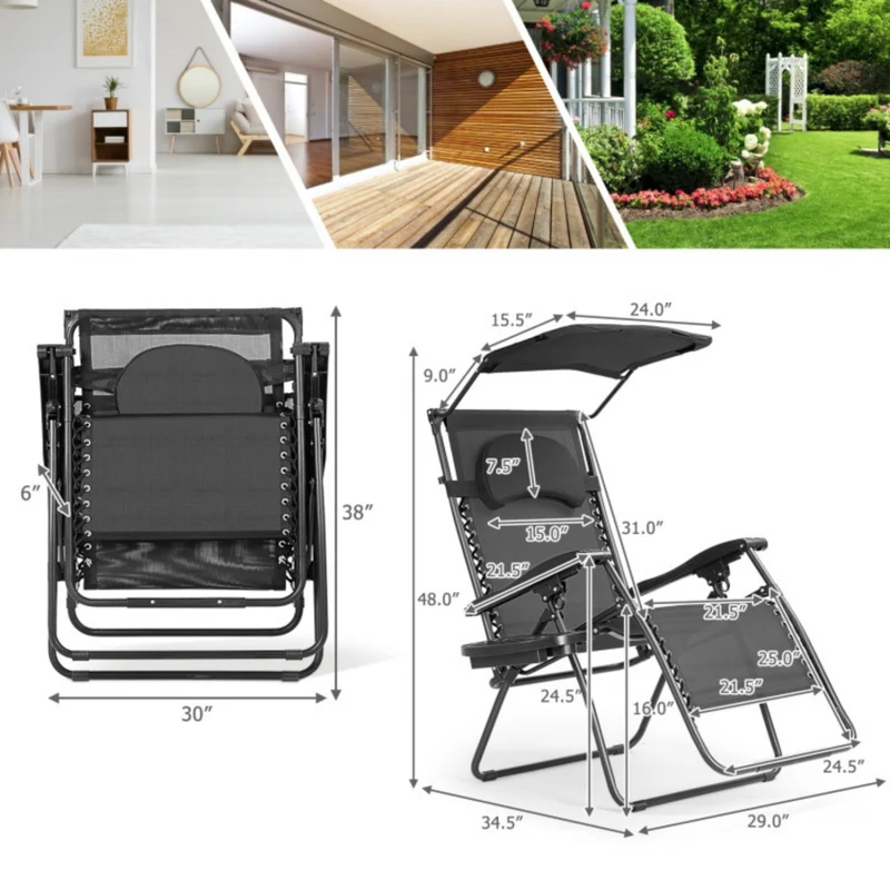 SUGIFT Folding Recliner Lounge Chair with Shade Canopy Cup Holder, Black