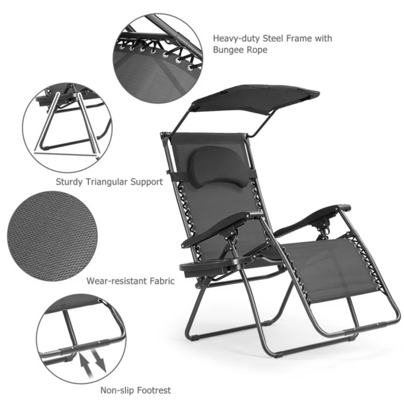 SUGIFT Folding Recliner Lounge Chair with Shade Canopy Cup Holder, Black