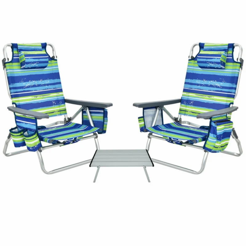 SUGIFT 2 Packs 5-Position Outdoor Folding Backpack Beach Table Chair Reclining Chair Set, Blue
