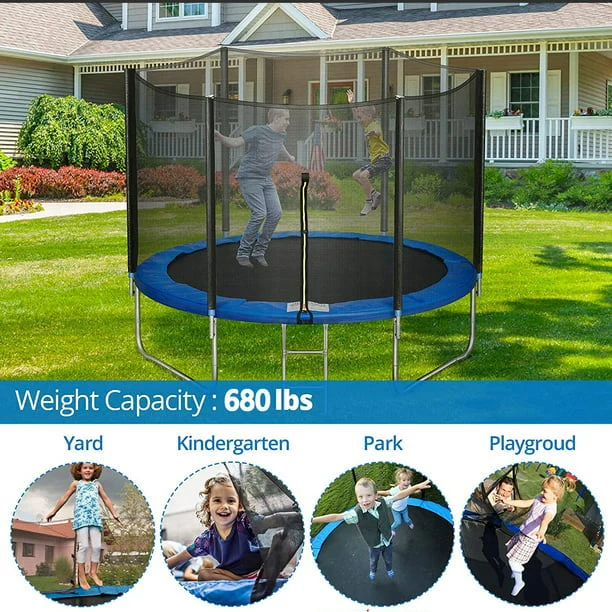 SUGIFT 10 FT Trampoline with Safe Enclosure Net 680 lbs Outdoor Fitness Trampoline with Waterproof Jump Mat Ladder