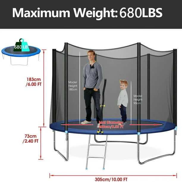 SUGIFT 10 FT Trampoline with Safe Enclosure Net 680 lbs Outdoor Fitness Trampoline