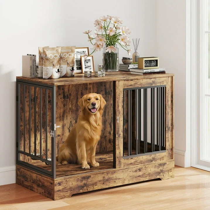 SUGIFT 47in Wooden Dog Crate Furniture with Double Doors, Rustic Brown Indoor Dog Kennel End Table for Large Dogs