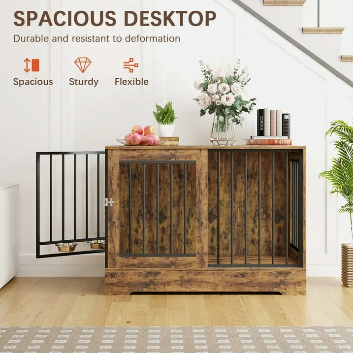 SUGIFT 47in Wooden Dog Crate Furniture with Double Doors, Rustic Brown Indoor Dog Kennel End Table for Large Dogs