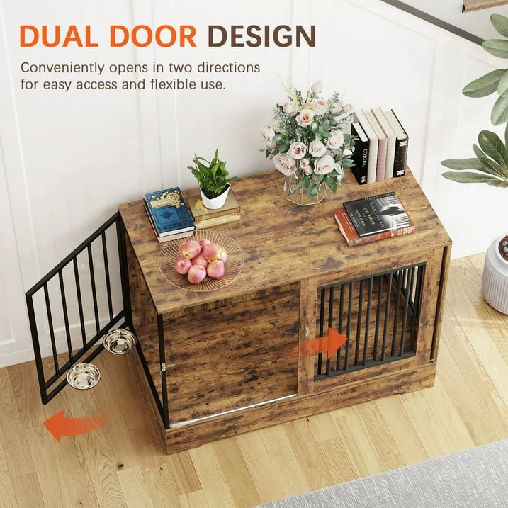 SUGIFT 47in Wooden Dog Crate Furniture with Double Doors, Rustic Brown Indoor Dog Kennel End Table for Large Dogs