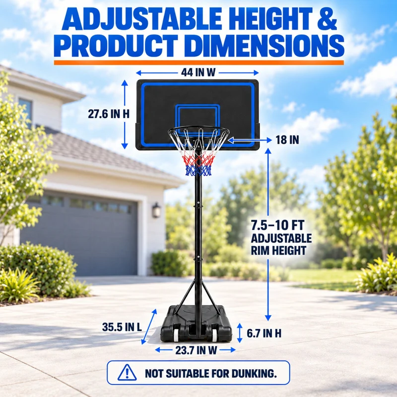 SUGIFT 7.5 ft - 10 ft 44 in Weatherproof Portable Basketball Systems