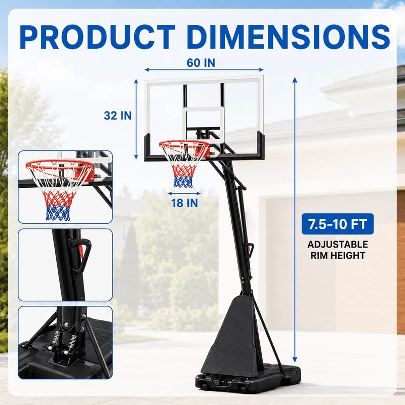 SUGIFT 7.5in-10in Adjustable Height 60in Shatterproof Outdoor Portable Basketball System (Adult)
