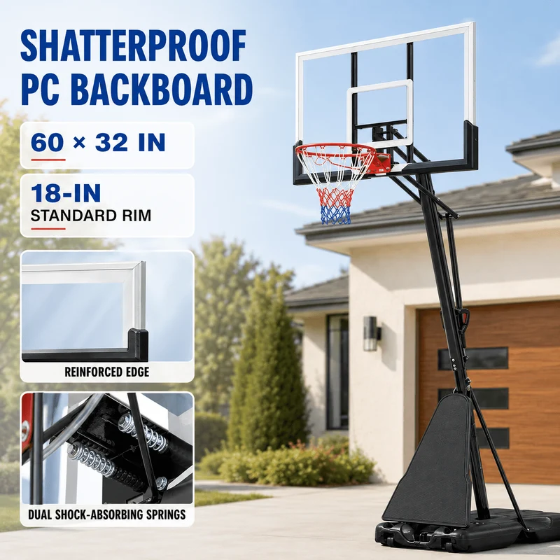 SUGIFT 7.5in-10in Adjustable Height 60in Shatterproof Outdoor Portable Basketball System (Adult)