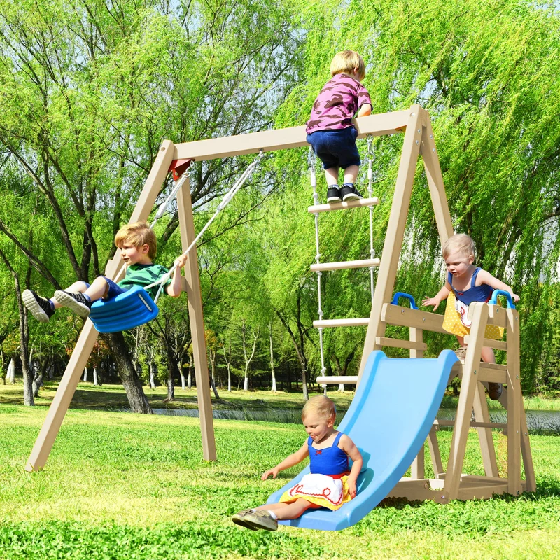 SUGIFT Swing Set with Slide Outdoor Playset Backyard Activity Playground Climb Swing for Toddlers Wooden Swing-N-Slide Set Kids Climbers