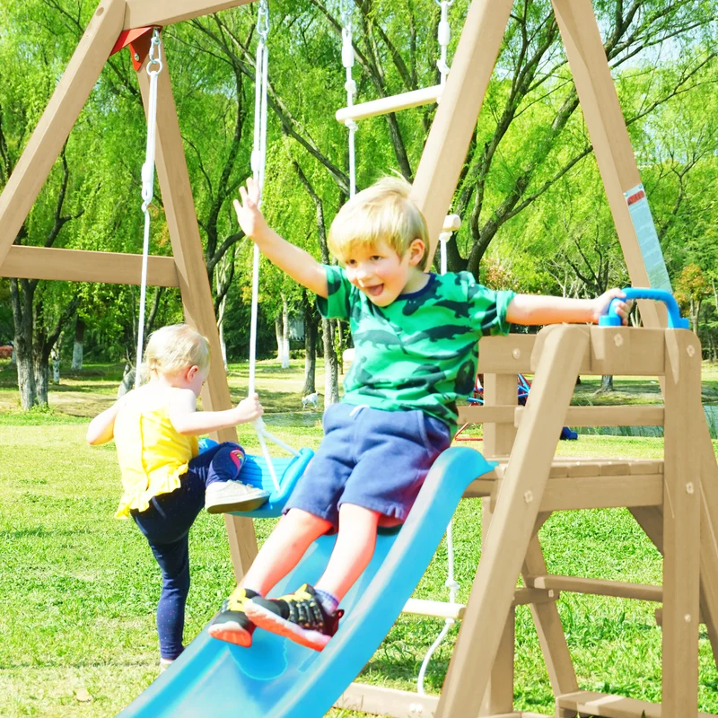 SUGIFT Swing Set with Slide Outdoor Playset Backyard Activity Playground Climb Swing for Toddlers Wooden Swing-N-Slide Set Kids Climbers