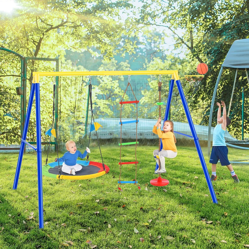 SUGIFT 4 in 1 Toddler Saucer Swing Set with Steel Frames, Climbing Rope with Disc Tree Swing Playset and Basketball Hoop