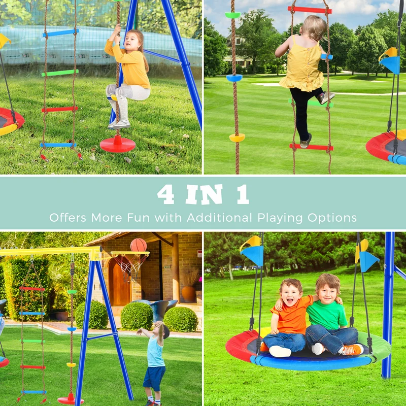 SUGIFT 4 in 1 Toddler Saucer Swing Set with Steel Frames, Climbing Rope with Disc Tree Swing Playset and Basketball Hoop
