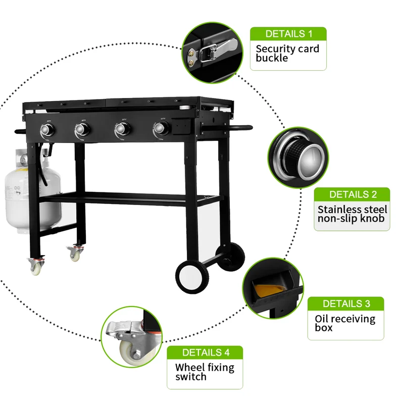 Black 4-Burner Outdoor Foldable Propane Gas Grill with Wheels
