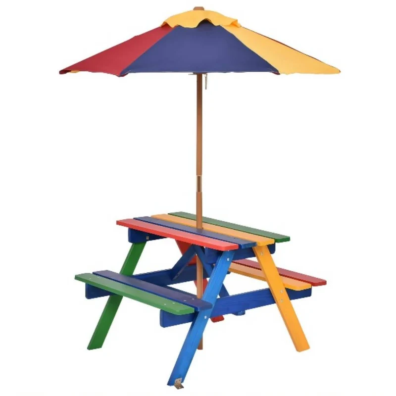Wooden Outdoor Kids Picnic Table with Umbrella and Bench