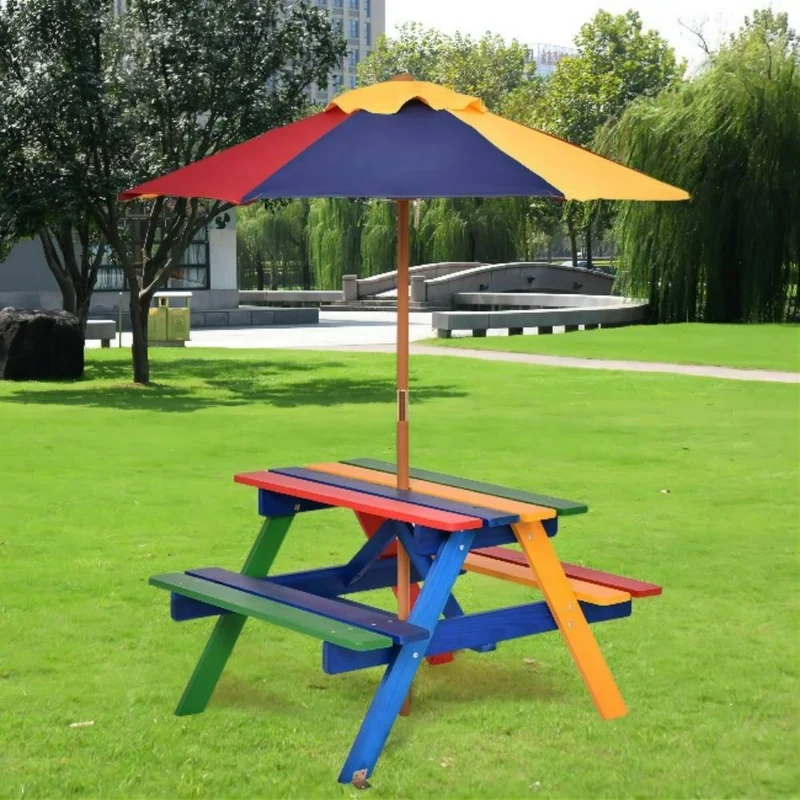 Wooden Outdoor Kids Picnic Table with Umbrella and Bench