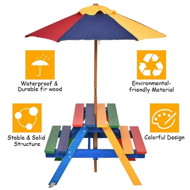 Wooden Outdoor Kids Picnic Table with Umbrella and Bench