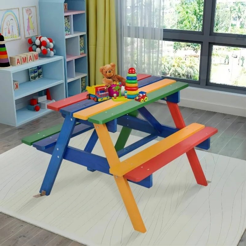 Wooden Outdoor Kids Picnic Table with Umbrella and Bench