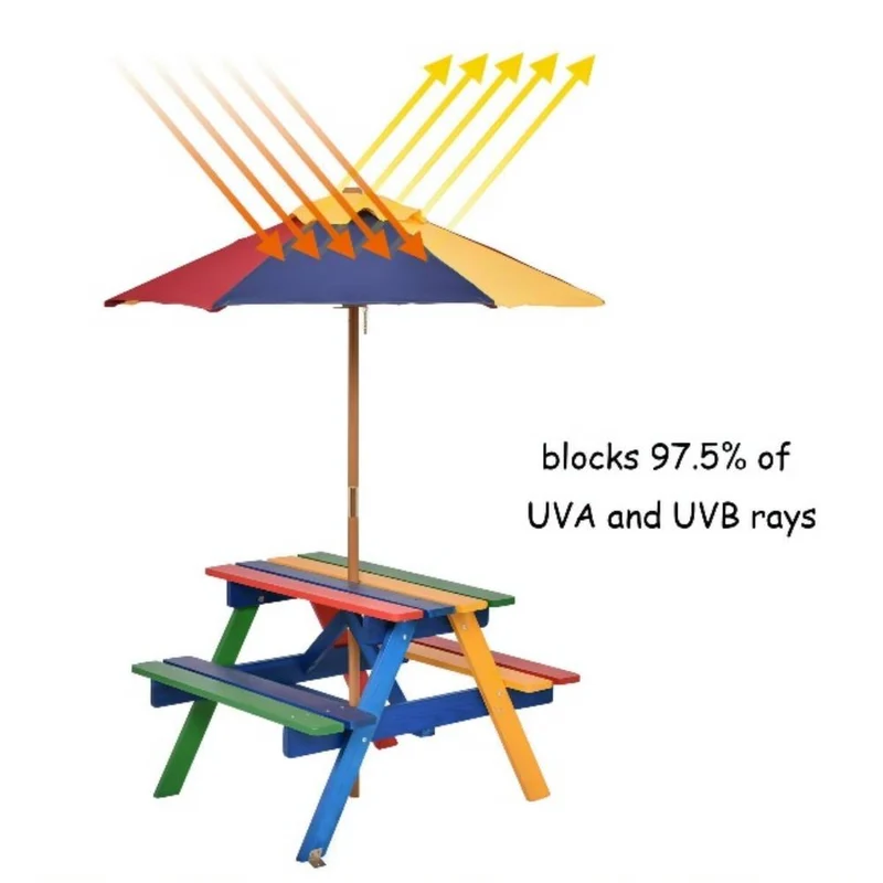 Wooden Outdoor Kids Picnic Table with Umbrella and Bench