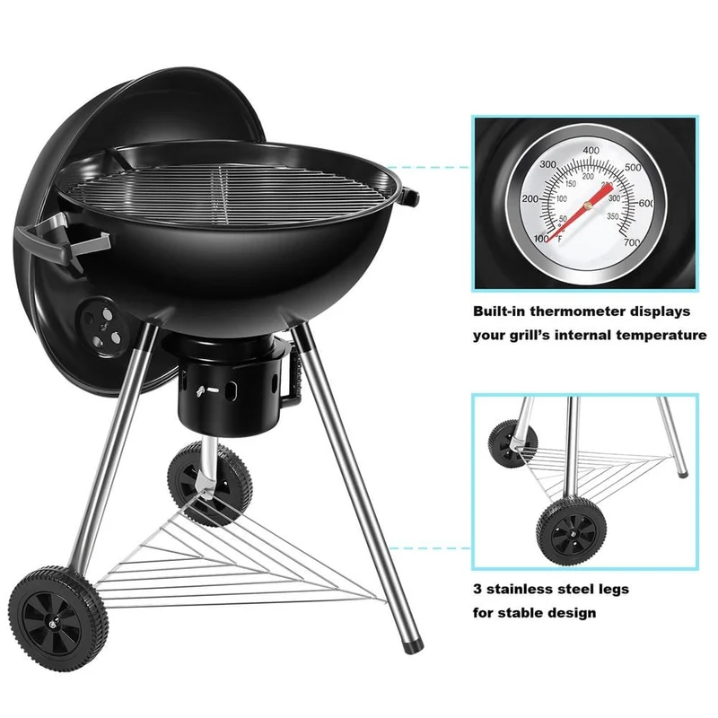 22 in. Portable Premium Charcoal Grill with Cover in Black