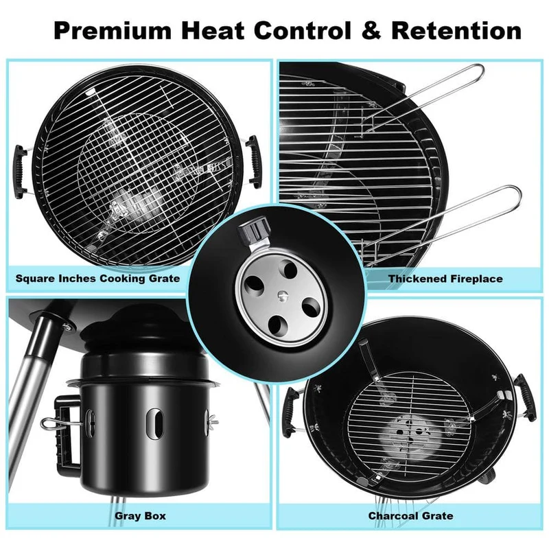 22 in. Portable Premium Charcoal Grill with Cover in Black