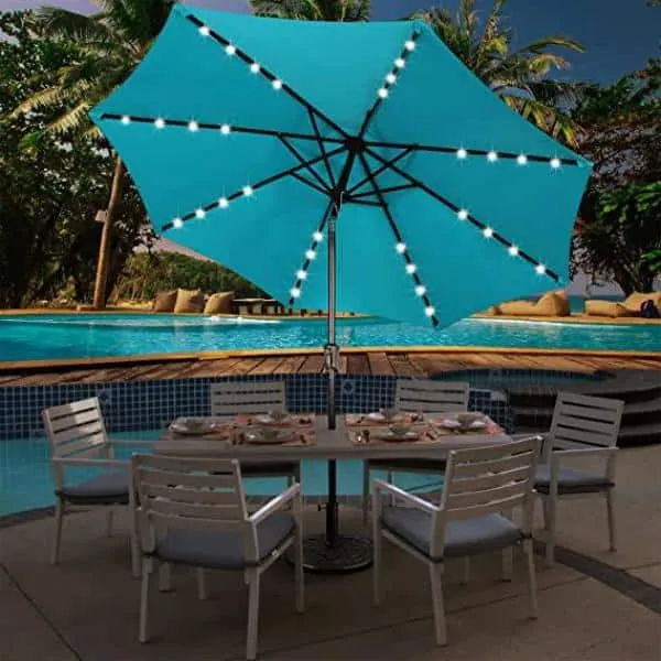 10 ft. Metal Market Solar Tilt Patio Umbrella in Turquoise with LED Lights