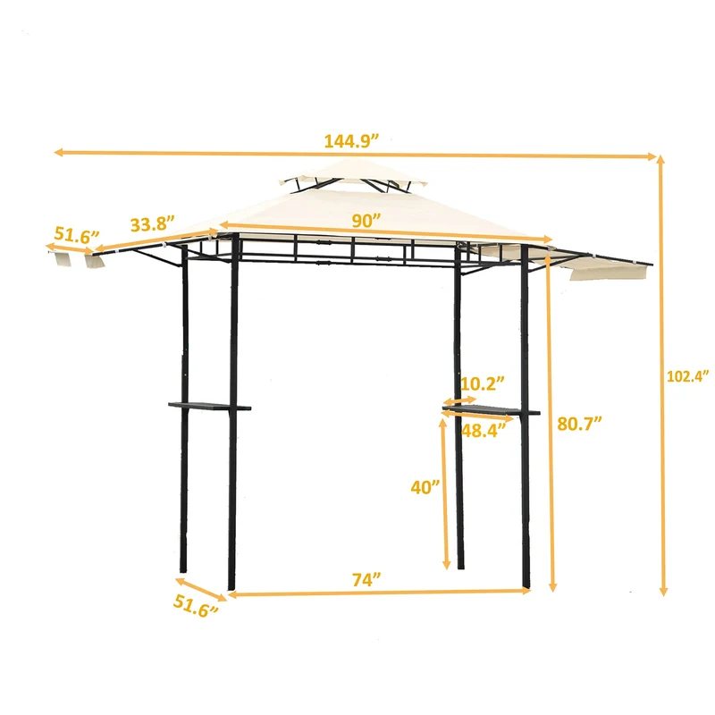 SUGIFT 12 ft. x 4.3 ft. Iron Double Tiered Backyard Patio BBQ Grill Gazebo with Bar Counters