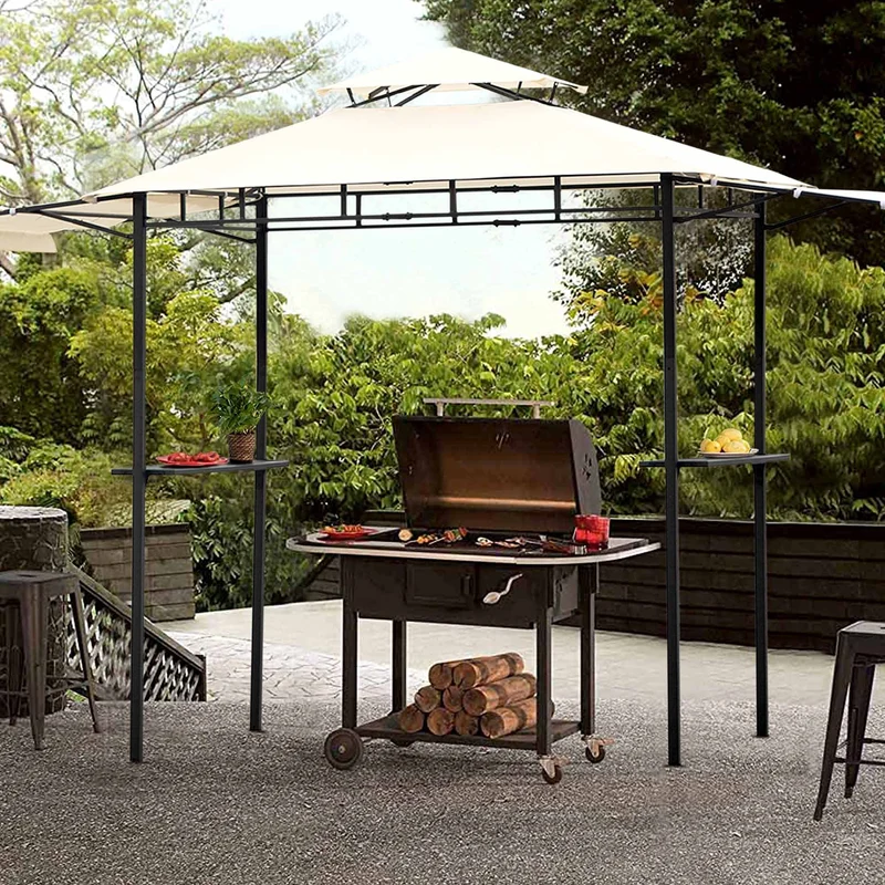 SUGIFT 12 ft. x 4.3 ft. Iron Double Tiered Backyard Patio BBQ Grill Gazebo with Bar Counters