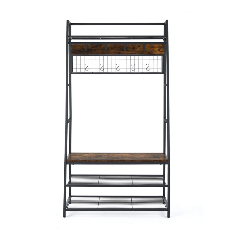 SUGIFT Entryway Shoe Rack with Multiple Coat Hooks-Brown