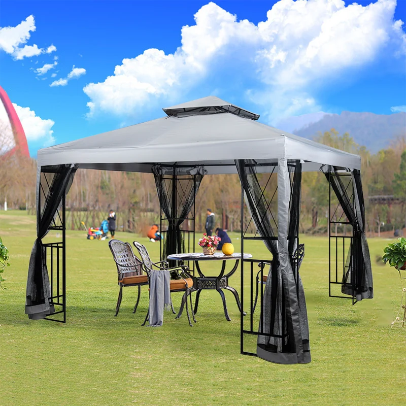 SUGIFT Outdoor Patio Gazebo Canopy with Mesh Netting Sidewalls and Steel Frame - Light Gray