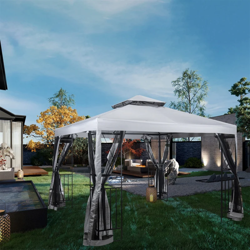 SUGIFT Outdoor Patio Gazebo Canopy with Mesh Netting Sidewalls and Steel Frame - Light Gray