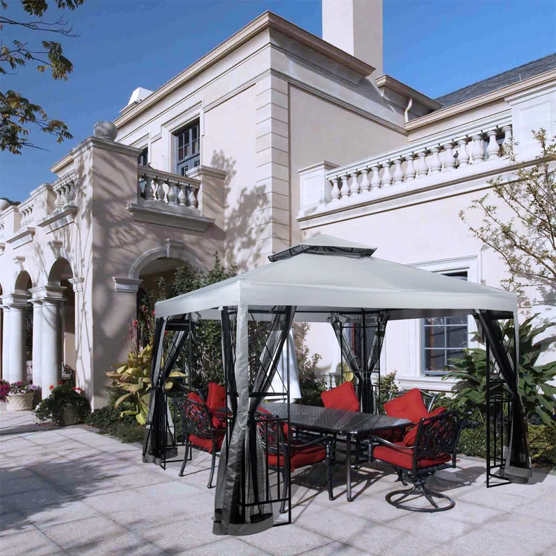 SUGIFT Outdoor Patio Gazebo Canopy with Mesh Netting Sidewalls and Steel Frame - Light Gray