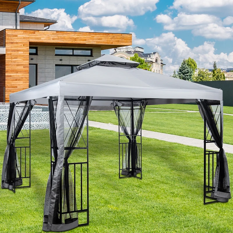 SUGIFT Outdoor Patio Gazebo Canopy with Mesh Netting Sidewalls and Steel Frame - Light Gray