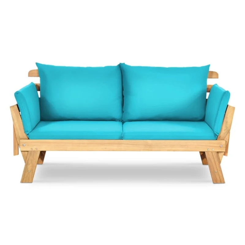 1-Piece Wooden Outdoor Convertible Recliner Sofa with Turquoise Cushions