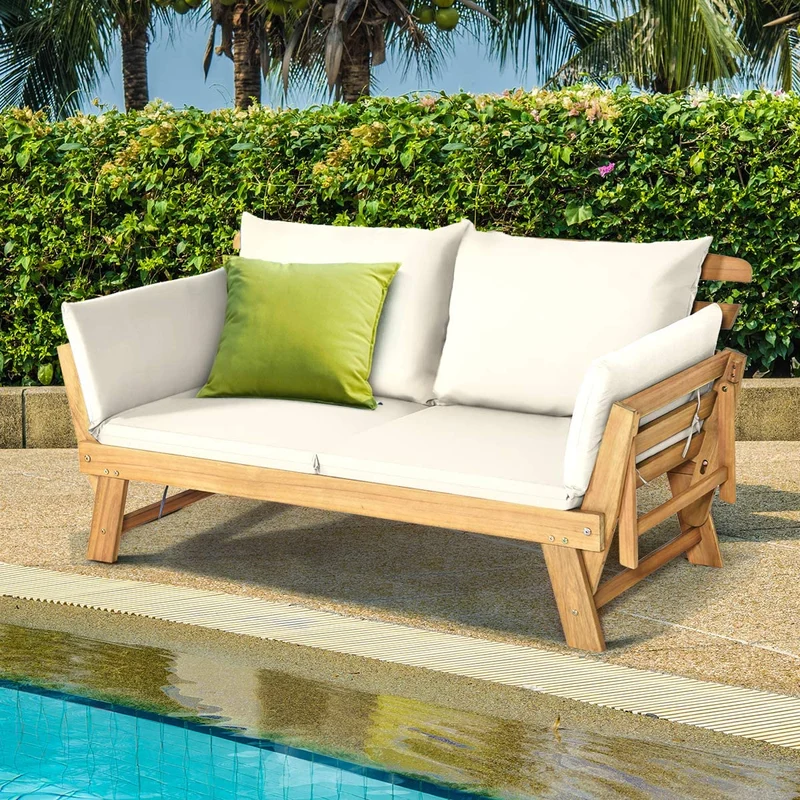 1-Piece Wooden Outdoor Convertible Recliner Sofa with White Cushions