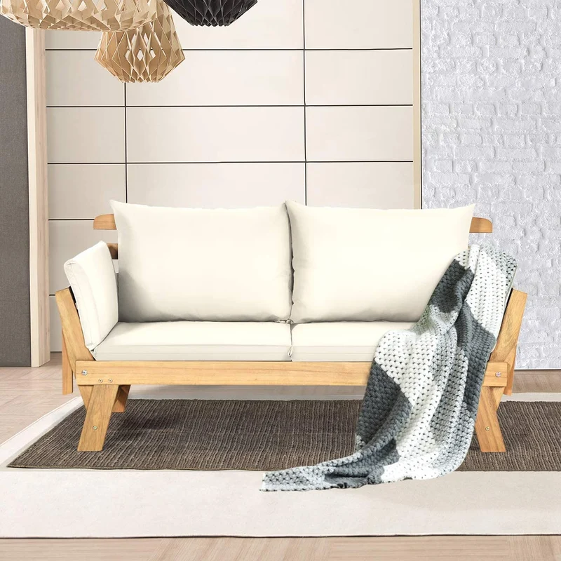 1-Piece Wooden Outdoor Convertible Recliner Sofa with White Cushions