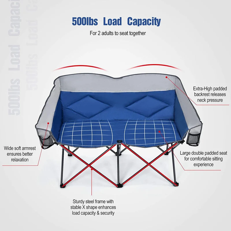 Blue Outdoor Folding Camping Loveseat Chair with Bags and Padded Backrest