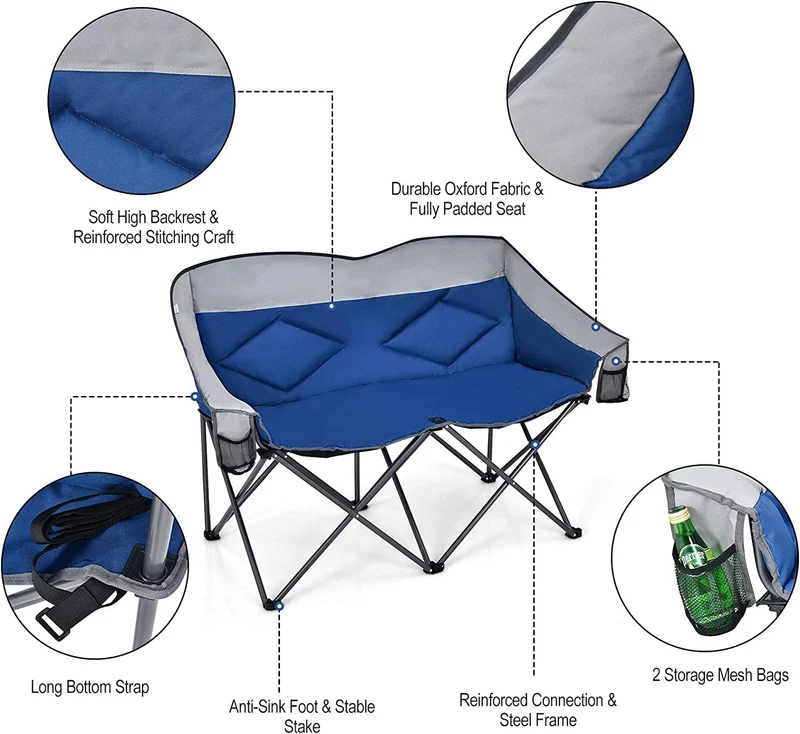 Blue Outdoor Folding Camping Loveseat Chair with Bags and Padded Backrest
