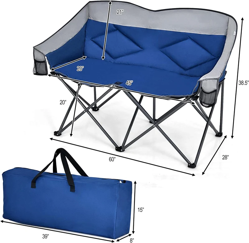 Blue Outdoor Folding Camping Loveseat Chair with Bags and Padded Backrest