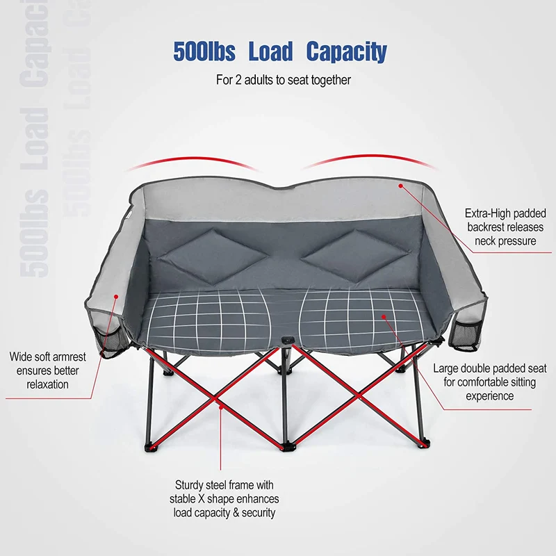 Gray Outdoor Folding Camping Loveseat Chair with Bags and Padded Backrest