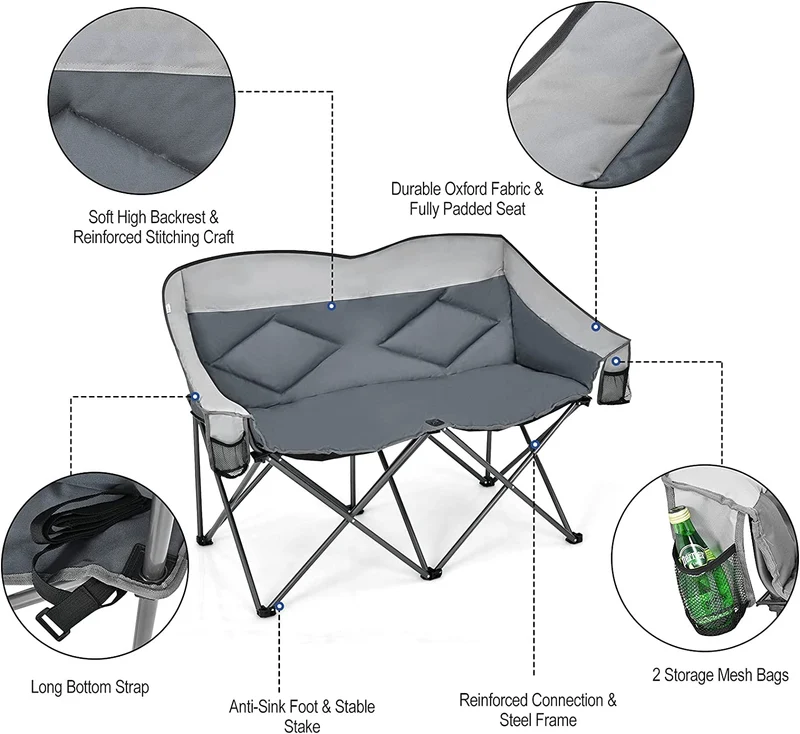 Gray Outdoor Folding Camping Loveseat Chair with Bags and Padded Backrest