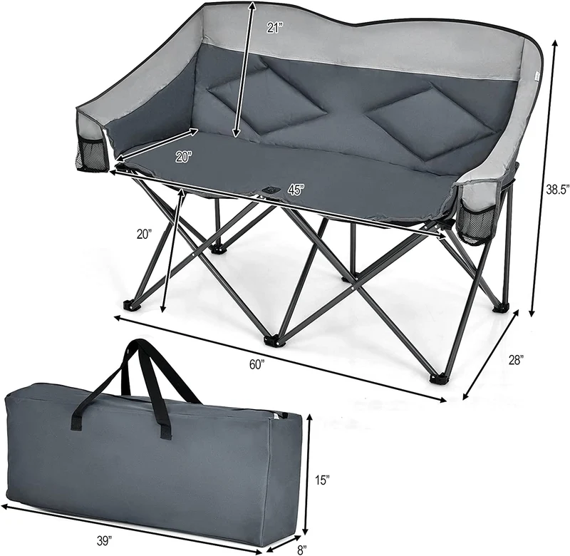 Gray Outdoor Folding Camping Loveseat Chair with Bags and Padded Backrest